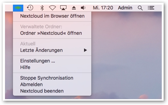 Screenshot des Nextcloud-Client-Kontextmenüs unter MacOS